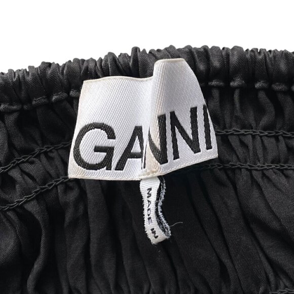 Ganni Crinkle Satin Jumpsuit Size 2 Black Smocked Ruffle Wide Leg - Picture 5 of 8